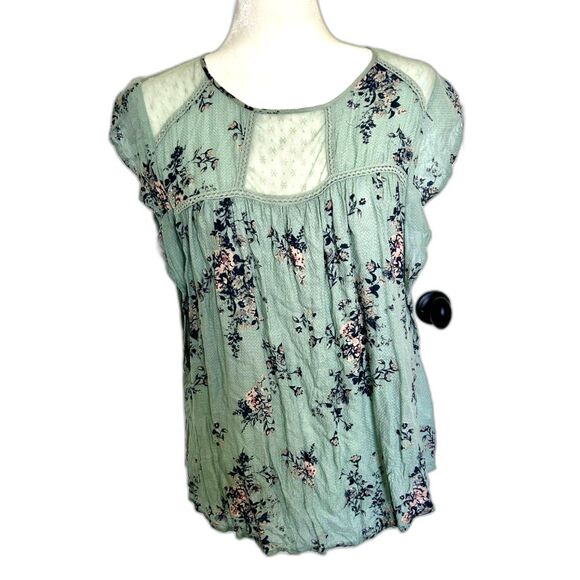 Rewind Green and Floral Top with Lace Detail Women's Size L - Picture 1 of 8